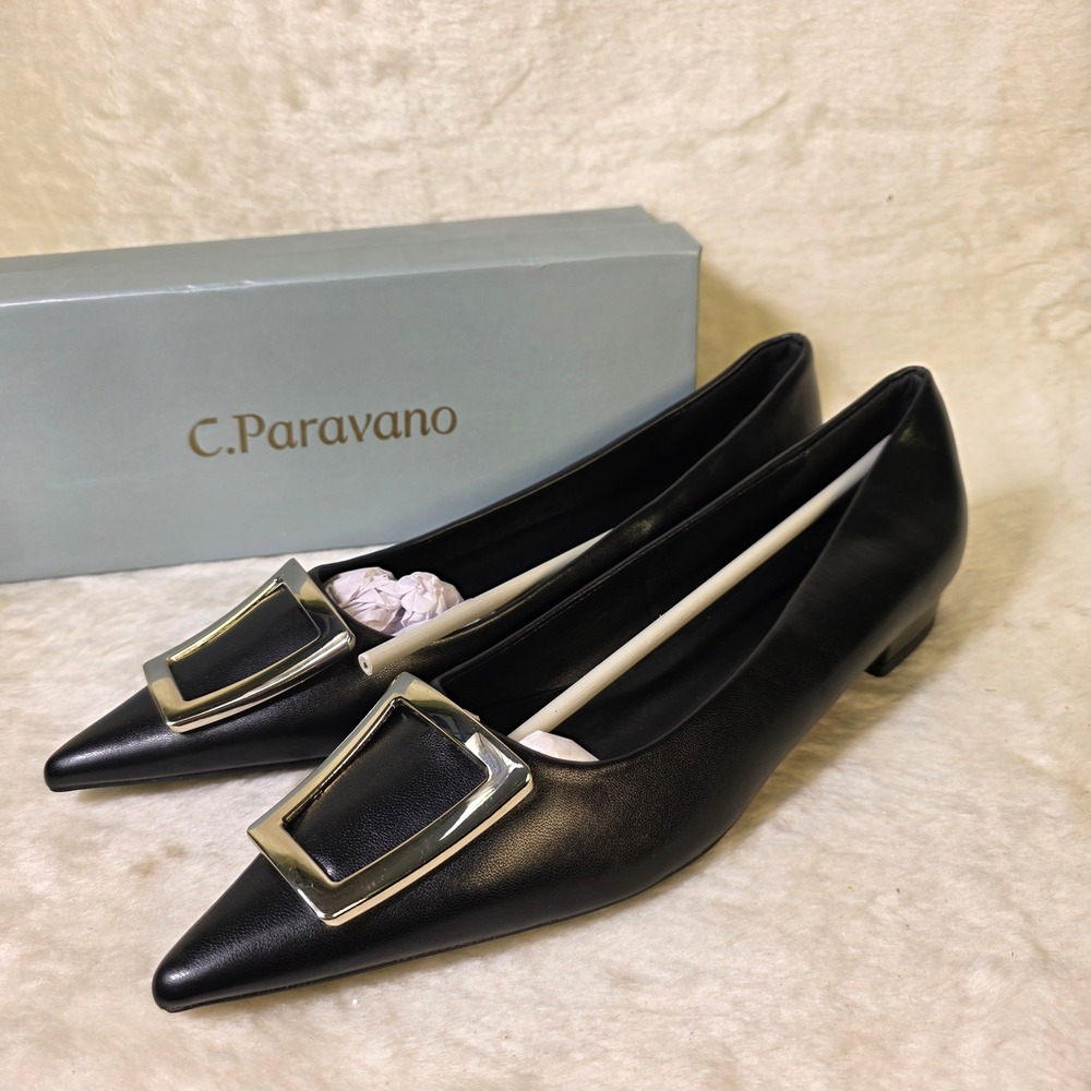 C.Paravano Pointed Toe Buckle Flats Black Leather Witchy Women 42 11 NEW